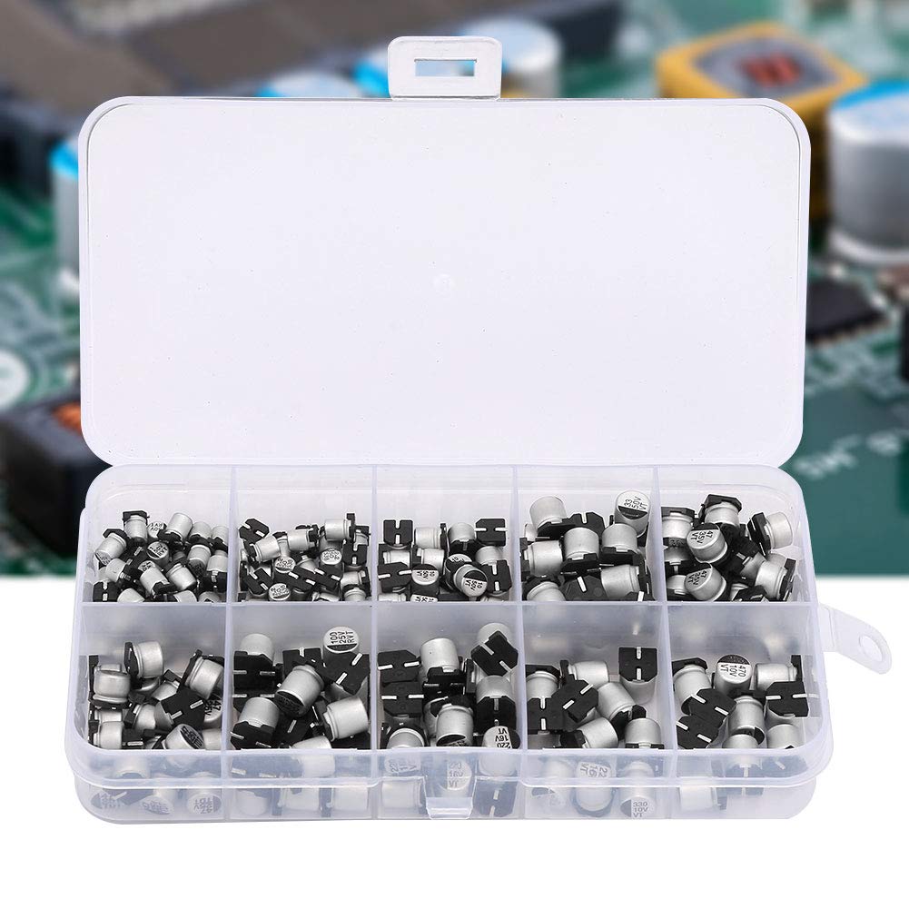 Kit de 200 condensadores electrolíticos SMD, 10 valores de 1 uF a 470 uF, de 10 V a 50 V, diversos condensadores electrolíticos de aluminio con caja de almacenamiento para