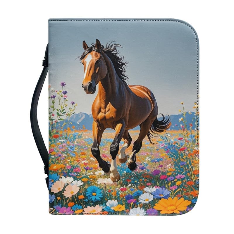 Kuiaobaty Horse Book Cover Case Leather Book Bag with Handle, Wildflower Field Painting Carrying Books Protective Bag with Pen Pockets,2XL — image 1