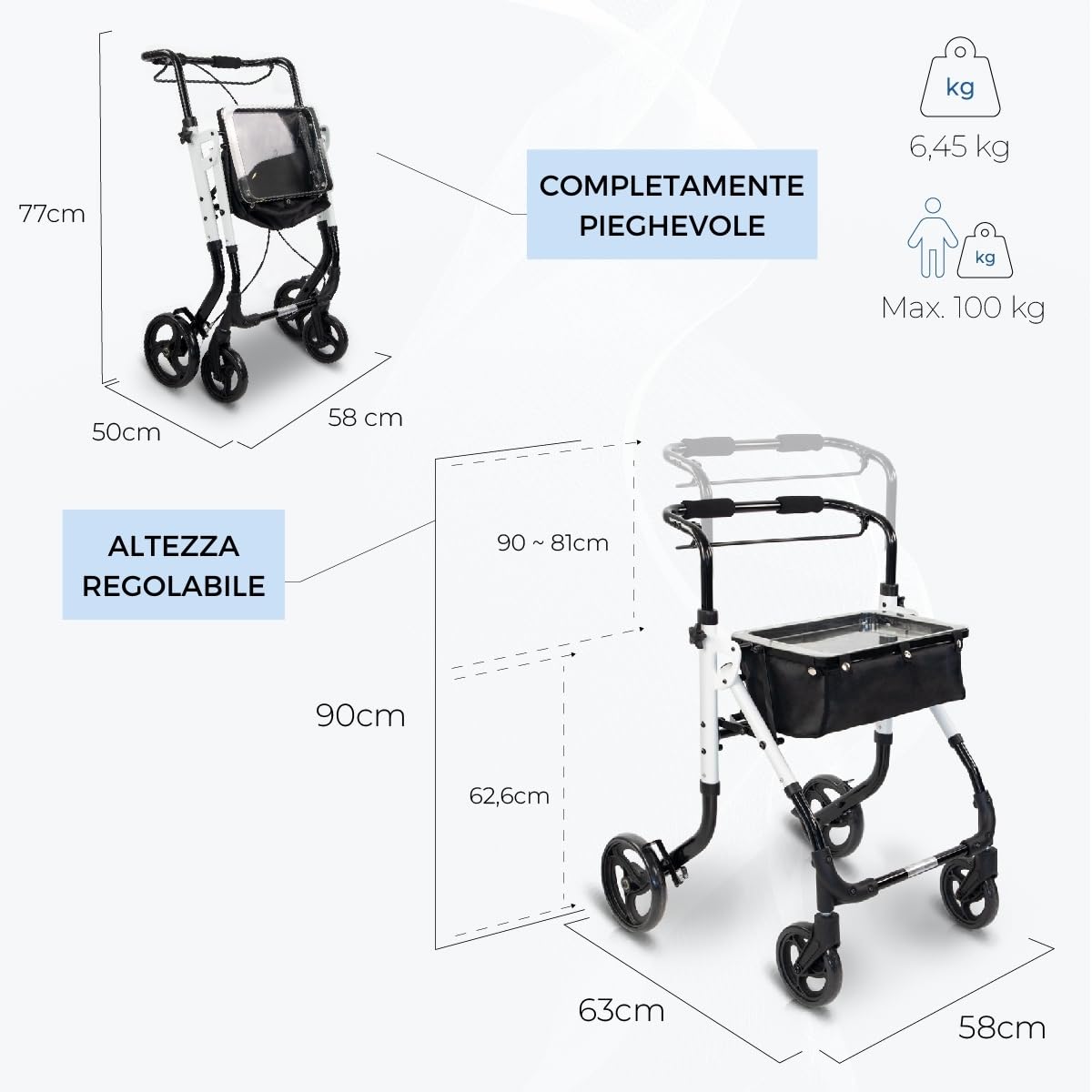 Mobiclinic®, Deambulatore con 4 ruote, Olimpo, Pieghevole, Moderno, Borsa, Monocomando, Regolabile, Sistema sottoporta, Vassoio, Piroettanti, Freno manuale, Alluminio, Maneggevolezza