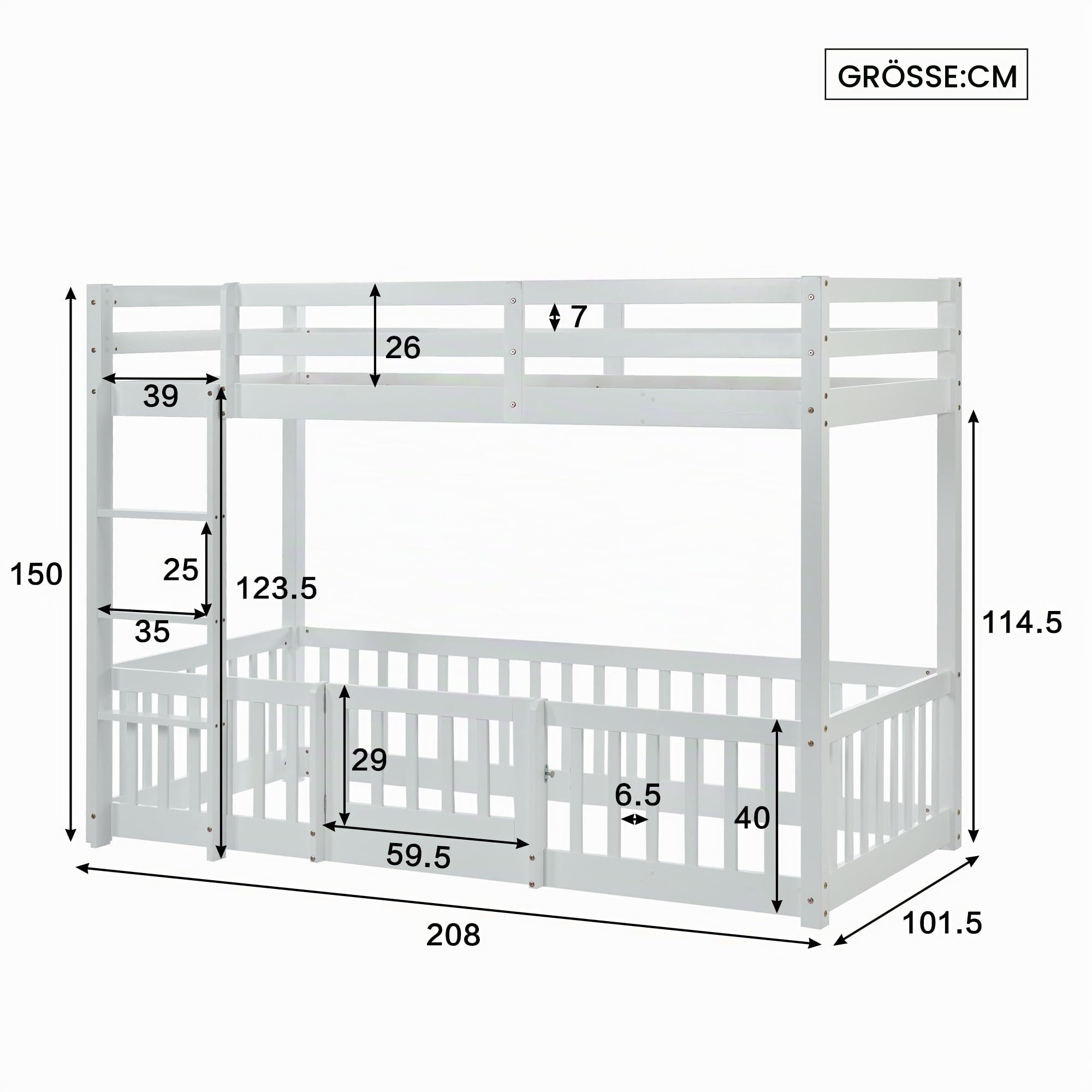 Etagenbett Kinderbett 90 x 200 mit Zäune und Türchen, Hochbett für 2 Kinder, Massivholz Bodenbett Stockbett Funktionsbett Jugendbett mit Leiter, Doppelbett mit Rausfallschutz und Lattenrost, Weiß
