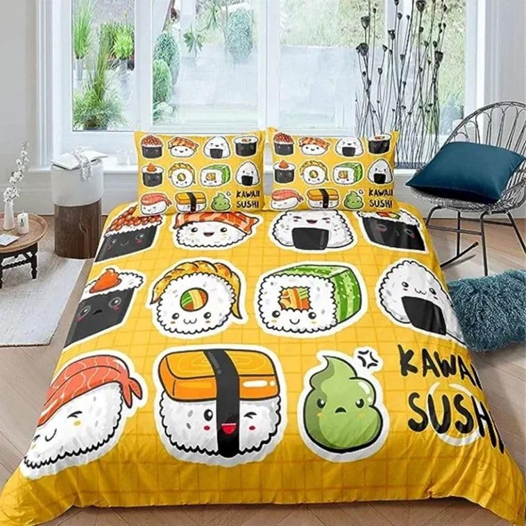 Housse de couette microfibre 110g/m2 jaune lit simple motif sushi 3D