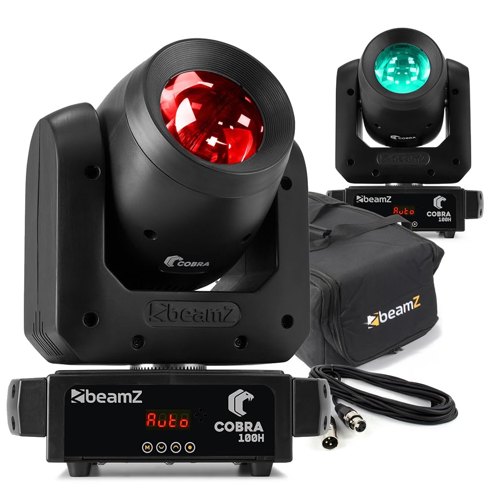 beamz Cobra 100H Moving Head Beam Lights (Pair) with Prism Gobo Wheel Shake Effect and Soft Case - 100W High Intensity White LED