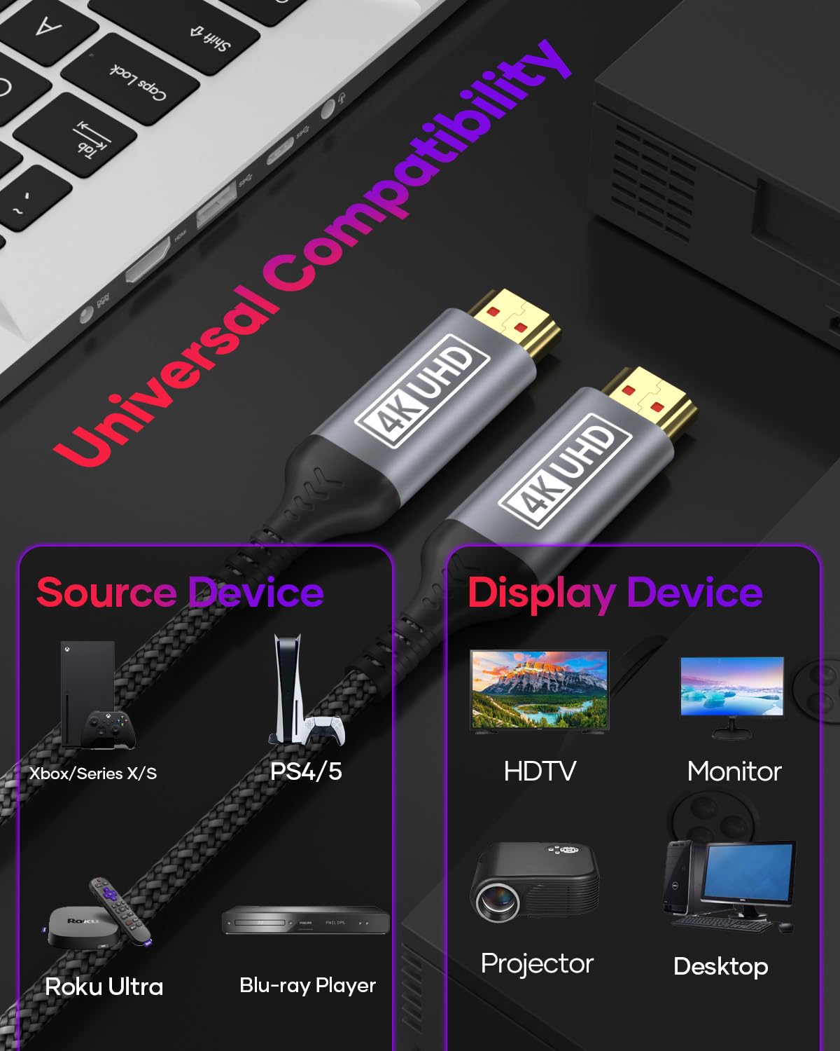 Cable HDMI 4K 10M, Ultra Câble HDMI 2.0 High Speed 18Gbps Support HDR, HDCP 2.2, Ethernet, 3D, ARC, Tressé en Nylon, Compatible avec Laptop, Monitor, PS5, PS4, Xbox, Fire TV, PC
