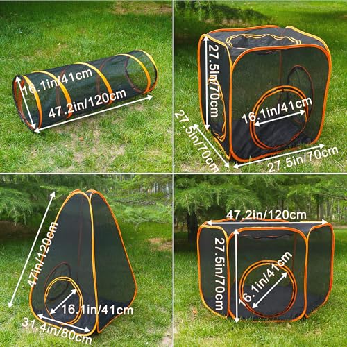 DiDiBirDi Outdoor Katzenlaufstall, faltbares Katzengehege, tragbares Pop-Up-Mesh-Zelt, Haustierzelt mit drei Tunnelkanälen, tragbares Outdoor-Tiergehege für Hunde (Orange, 7-in-1)