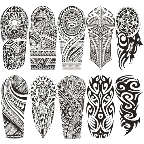 Totem Tribal Temporary Tattoo for Men Half Arm Sleeve, Realistic Large Black Hawaii Polynesian Turtle Fake Tattoo Sticker Adult Boy Forearm, Big Tribal Island Temp Tatoo Shoulder Body Art, 10-Sheet