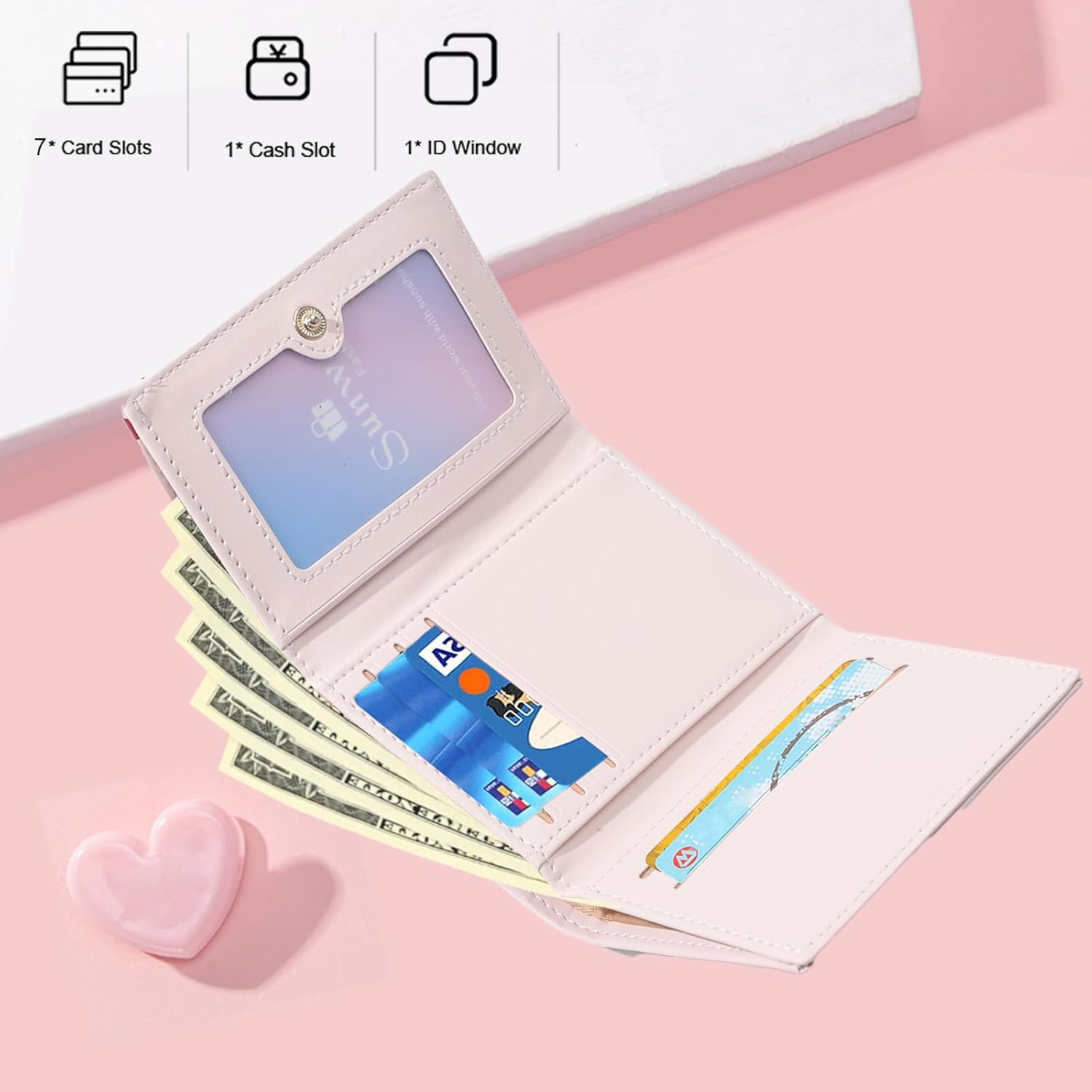 Sunwel Fashion Girls Cute Cherry Print Coquette Bow Wallet Small Wallet Card Holder ID Window for Women (PINK) - Image 2