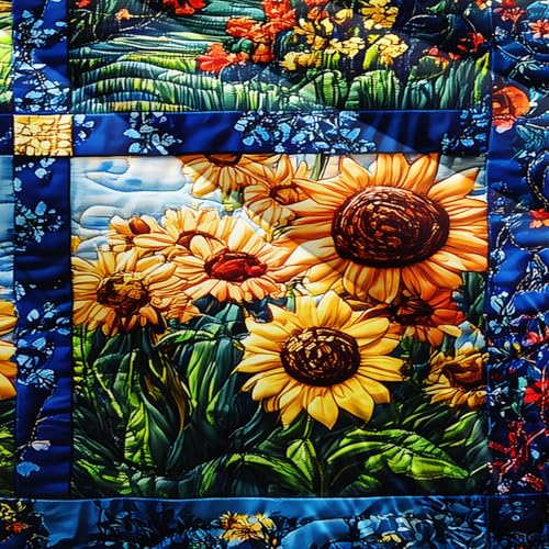 Image of Yellow Sunflower Queen Size Comforter Set,Bedding Queen Size Quilts Sunflower,Rustic Farmhouse Bedroom Set Bedding Set,with 1 Comforter with 2 Pillow Case