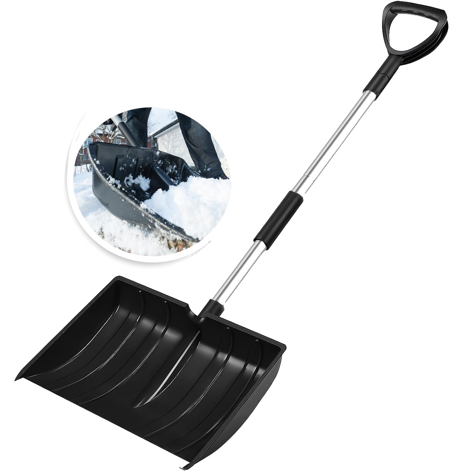 47" Snow Shovel 16 Inch x 12 Inch Blade with Aluminum Edge for Driveway Car Home Garage, Portable Folding Snow Shovel with Retractable Ergonomical Handle and Large Capacity for Snow Removal
