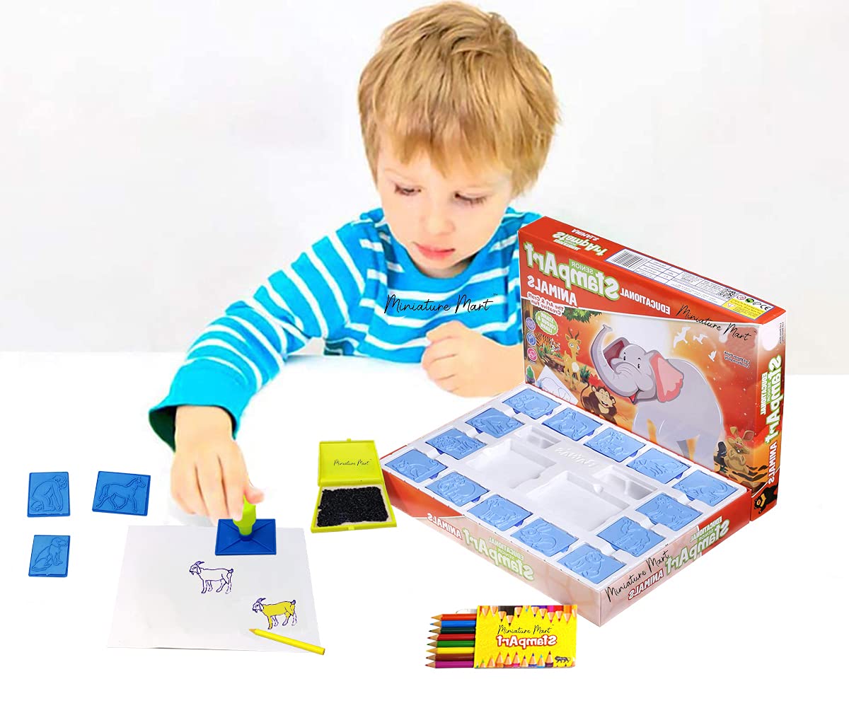 Miniature Mart Stamping Arts and Coloring Kit for Kids Crafts with Ink Pad, 6 Stamps for Kids DIY Making for Girls & Boys | Party Favor Gift | Return Gifts (Stamp & Color Animals)
