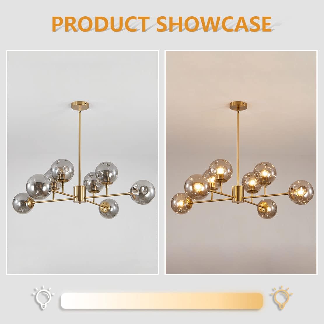 BOKT Mid Century Brushed Brass Chandelier Modern 8-Lights Gold Globe Sputnik Chandelier Unique Smoke Gray Glass Ball Chandelier Pendant Light Gold Large Flush Mount Ceiling Light