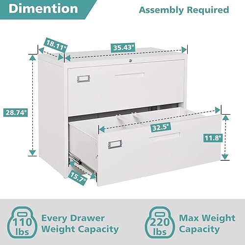 Miniatura 3 de MIIIKO Archivador lateral de 2 cajones con cerradura, archivador blanco para oficina en casa, archivador de metal con dos cajones para colgar