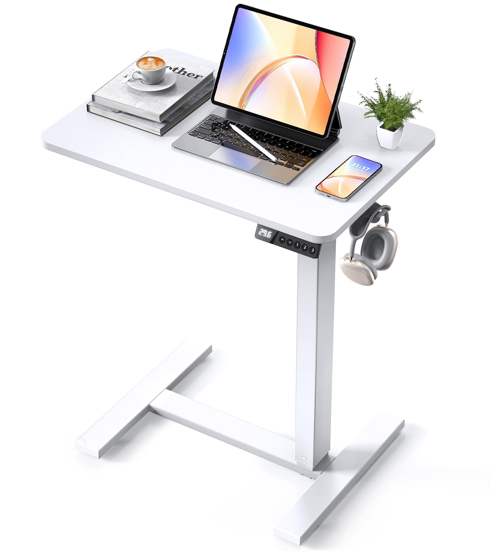 Photo 1 of ** DOES NOT WORK Does not raise and lower*****07/31 SOLD FOR PARTS // FINAL SALE *** YOLEZO Electric Overbed Table with Hidden Wheels, Height Adjustable Mobile Sit-Stand Bedside Desk, Rolling Laptop Desk for Bed, Sofa & Hospital Use(24" x 16", White)