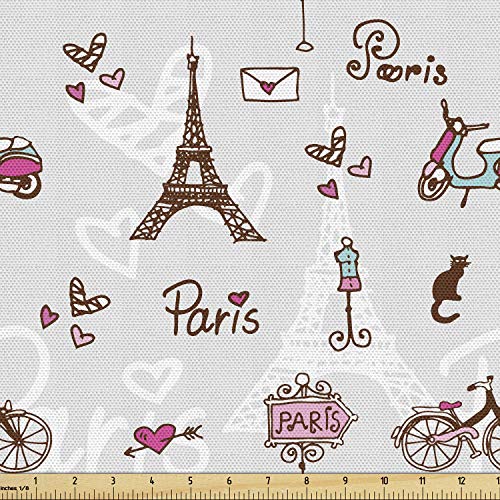 Ambesonne Paris Fabric by The Yard, Romance Language Capital of Love Eiffel Heart Fashion City Girlish Print, Decorative Fabric for Upholstery and Home Accents, 1 Yard, Redwood Pearl