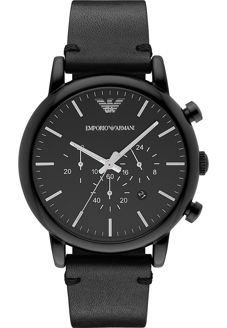 Emporio Armani Orologio da uomo, movimento cronografo al quarzo, cassa in acciaio inossidabile nero da 46 mm con cinturino in pelle, AR1918, Nero, 46 mm
