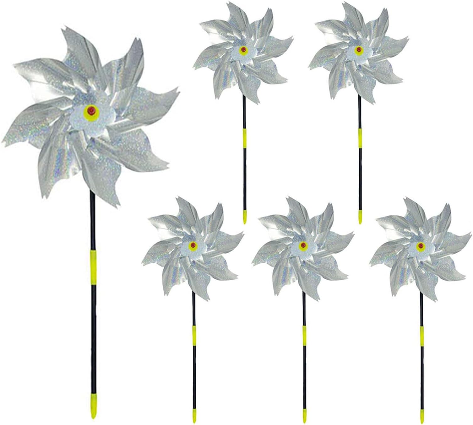 6 Pack Reflective Bird Repellent Windmill, Reflective Birds Deterrent, Repellent Windmills Scare Birds, Protect Garden Crop Fruit Flower,Reflective Pinwheels With Stakes