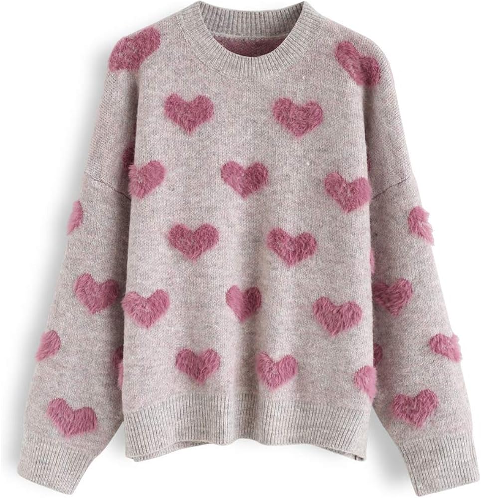 CHICWISH Women's Comfy Casual Pink Fuzzy Hearts Knit Sweater Pullover