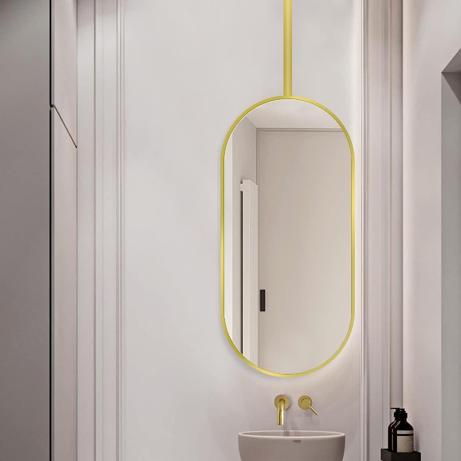 Ovale hangende staafspiegel Retro gouden plafond gemonteerde spiegel voor badkamer Wasruimte Make-up Scheren Entree Slaapkamer Woonkamer Aanpasbare wanddecoratie (Size : 50cmx70cm