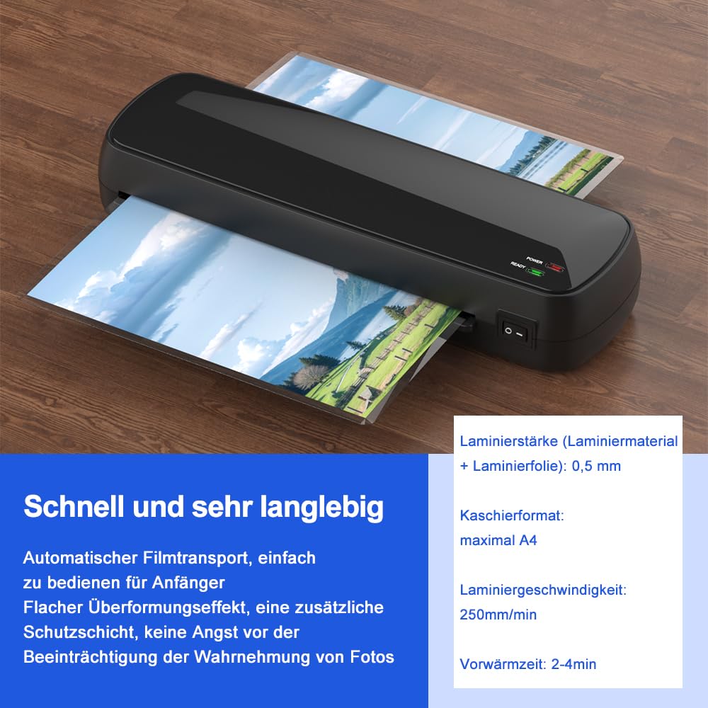 Plastificatrice A4 con riscaldamento rapido, plastificatrice a caldo/freddo con anti inceppamento e 300 mm/min, con 20 pellicole, per documenti, foto, compatta per ufficio e casa