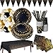ND Partygeschirr Schwarzgoldenes , Partygeschirr aus Papier mit goldenen Punkten,16 Gäste Party Geschirr Set, tischdecke, Luftballons, bannerPappteller, Papierbecher, Party, Hochzeit, Geburtstag