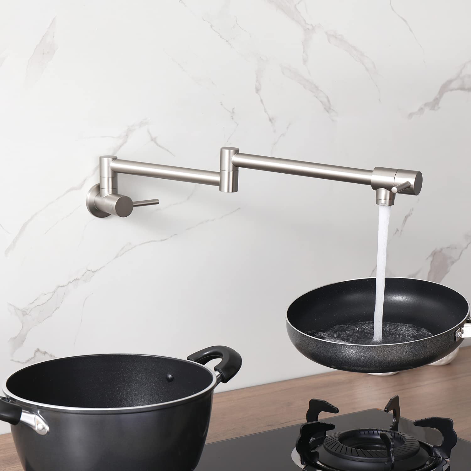 Robinets de cuisine, montage mural, double articulation, bras pivotant, évier de cuisine, pliable, extensible, avec un trou, deux poignées (nickel brossé)