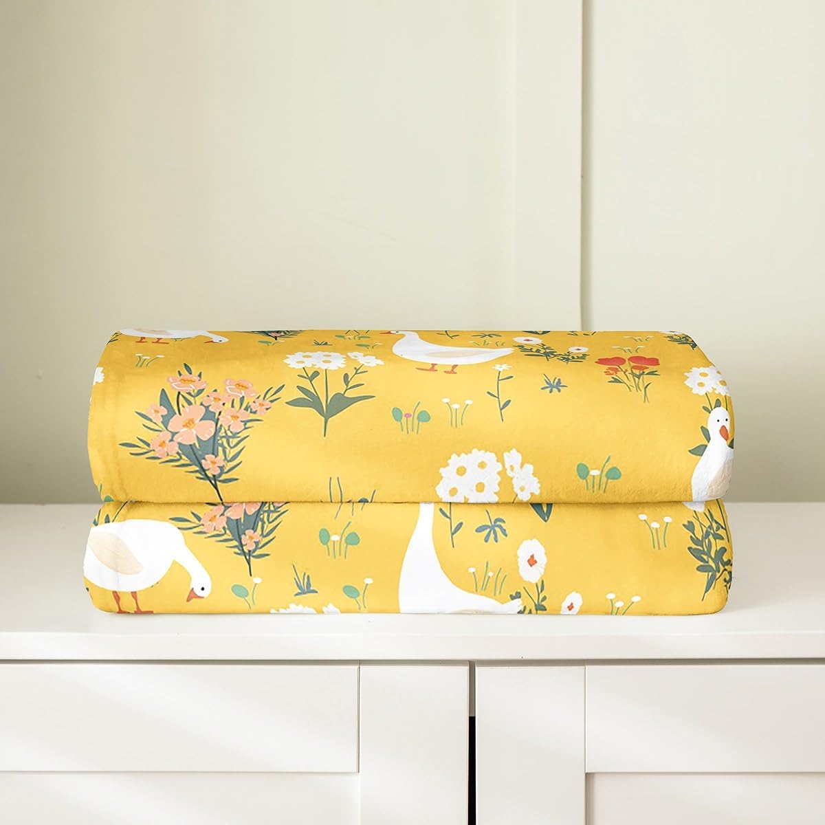 Erosebridal Wildlife Flowers Bed Blanket Queen 90x90 inch,Rustic Goose Duck Throw Blanket for Kids Boys Girls,Garden Leaves Plants Fleece Blanket,Farm Animal Flannel Blanket Sofa Bed Couch Decor