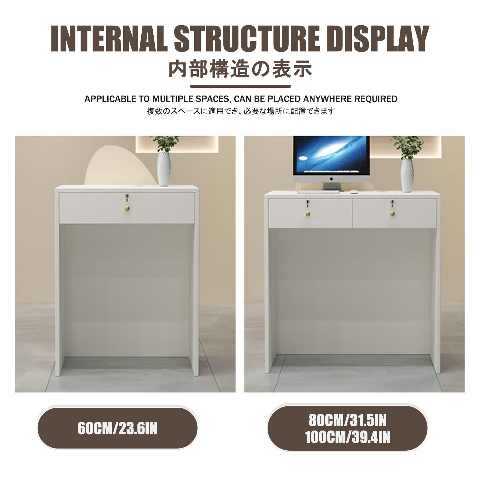 Scrivania moderna da 80 cm con cassetto chiudibile a chiave, elegante bancone da ufficio per saloni, negozi e aziende, reception funzionale con soluzioni di archiviazione
