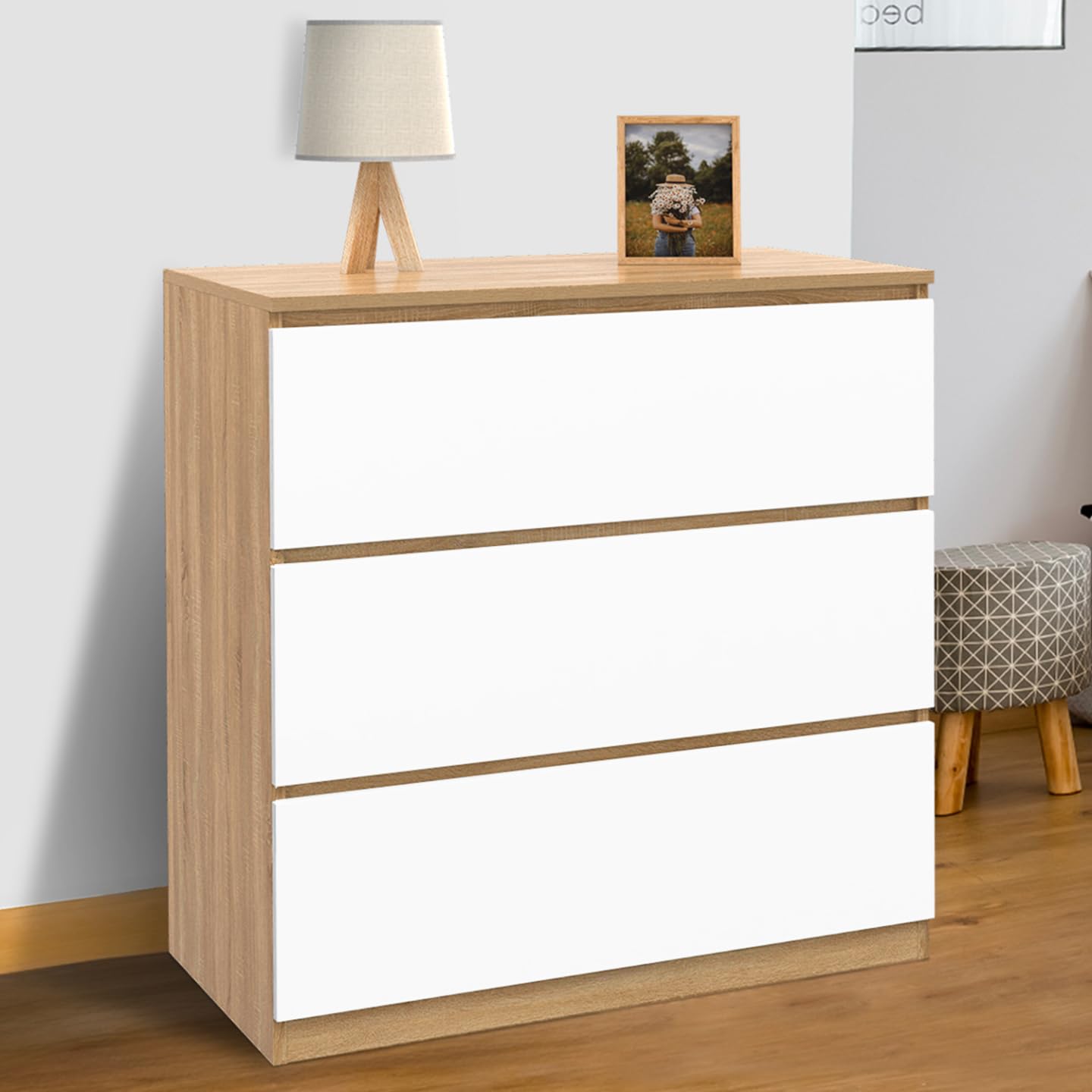 IDMarket - Commode 3 tiroirs TOMI 78 cm façon hêtre et Blanc