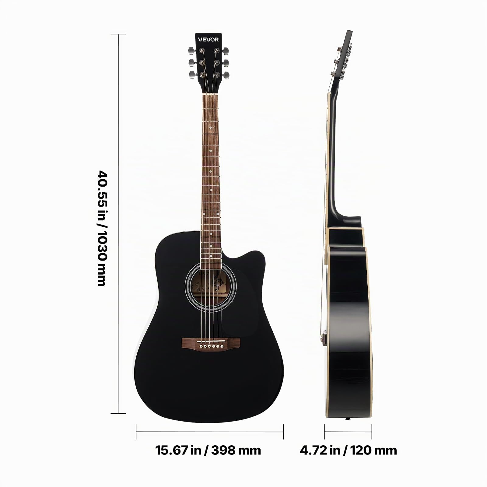 VEVOR Chitarra Acustica Cutaway da 1041,4 mm Chitarra Acustica a 6 Corde con Tavola Armonica in Abete Massello Nero, Custodia Morbida, Accordatore, Tracolla, Corde, Plettri, Tastiera in Palissandro