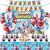 54Pcs Spidey and His Amazing Friends Birthday Party Supplies Set, 5*3ft Backdrop, 12 inch Latex Balloons, Cupcake, Cake Topper, Tablecloth, Hanging Swirls, Happy Birthday Banner for Themed Birthday Party Supplies Decorations