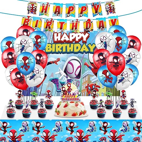 54Pcs Spidey and His Amazing Friends Birthday Party Supplies Set, 5*3ft Backdrop, 12 inch Latex Balloons, Cupcake, Cake Topper, Tablecloth, Hanging Swirls, Happy Birthday Banner for Themed Birthday Party Supplies Decorations