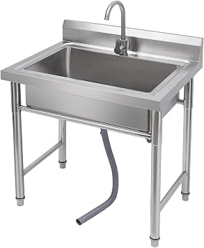 Stainless Steel Utility Sink,Single Bowl Commercial Sink,Free Standing Kitchen Sink with Faucet and Drainage Pipe Kit,Outdoor Sink for Laundry Garden Garage Restaurant