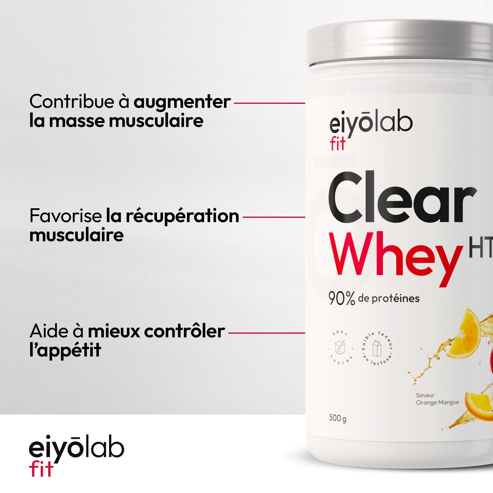 CLEAR WHEY HT | Whey Isolate Rafraîchissante | 90% de Protéines | Riche en BCAA et Glutamine | Protéines Musculation | Pauvre en Lactose | Texture Légère et Fruitée Goût Orange Mangue | 500g | Eiyolab