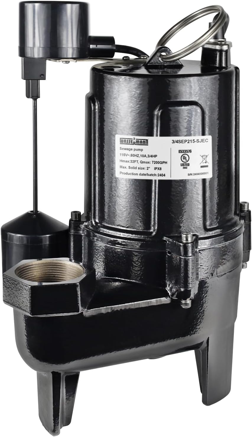 WASSERMANN 3/4 HP Sewage Pump 2 inch Discharge with Auto Float Switch, 115V 7200 GPH Cast Iron Submersible Sewage Pump, Sump Pump for Basement Sump Basin Sewer Well 2" NPT Discharge with 10 FT Cable 3/4hp C