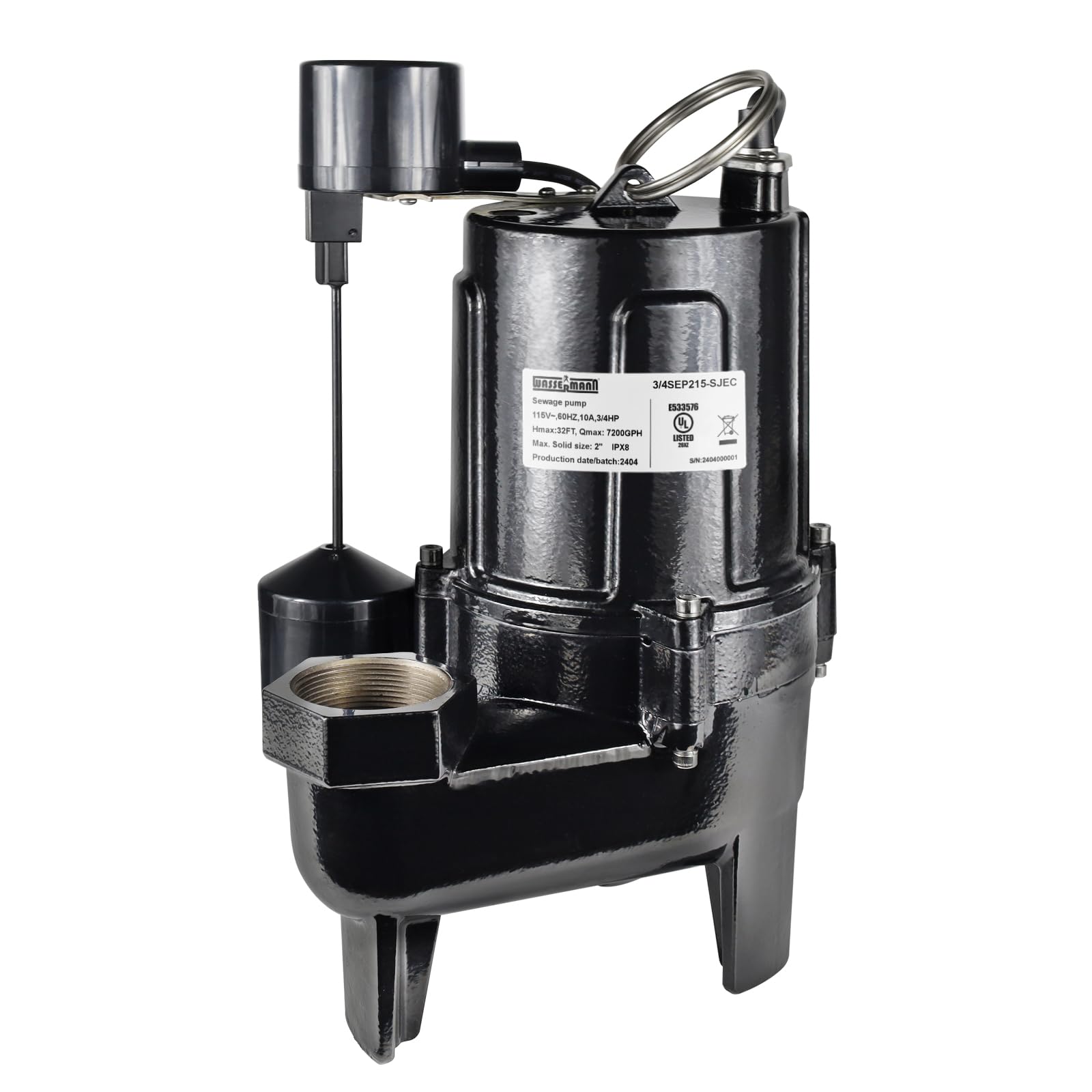 WASSERMANN 3/4 HP Sewage Pump 2 inch Discharge with Auto Float Switch, 115V 7200 GPH Cast Iron Submersible Sewage Pump, Sump Pump for Basement Sump Basin Sewer Well 2" NPT Discharge with 10 FT Cable