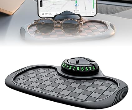 Multifunction Car Anti-Slip Mat, 2026 Upgrade Car Anti-Slip Mat Phone Holder with Temporary Parking Number, Rotatable Anti Skid Car Dashboard Pad for Phone Sunglasses Keys A