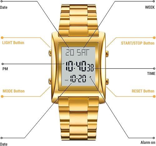 Miniatura 9 de RNONDRY Reloj digital para hombre y mujer, reloj rectangular de acero inoxidable para hombres, reloj de pulsera impermeable