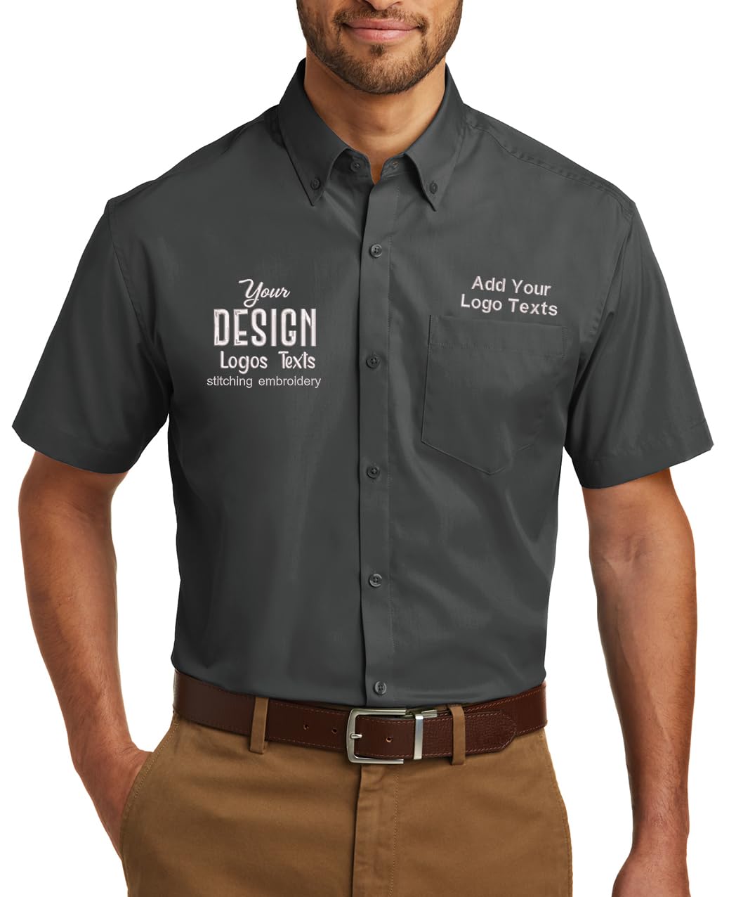 INK STITCH Men W101 Custom Embroidery Logo Texts Care Free Poplin Short Sleeve Shirt