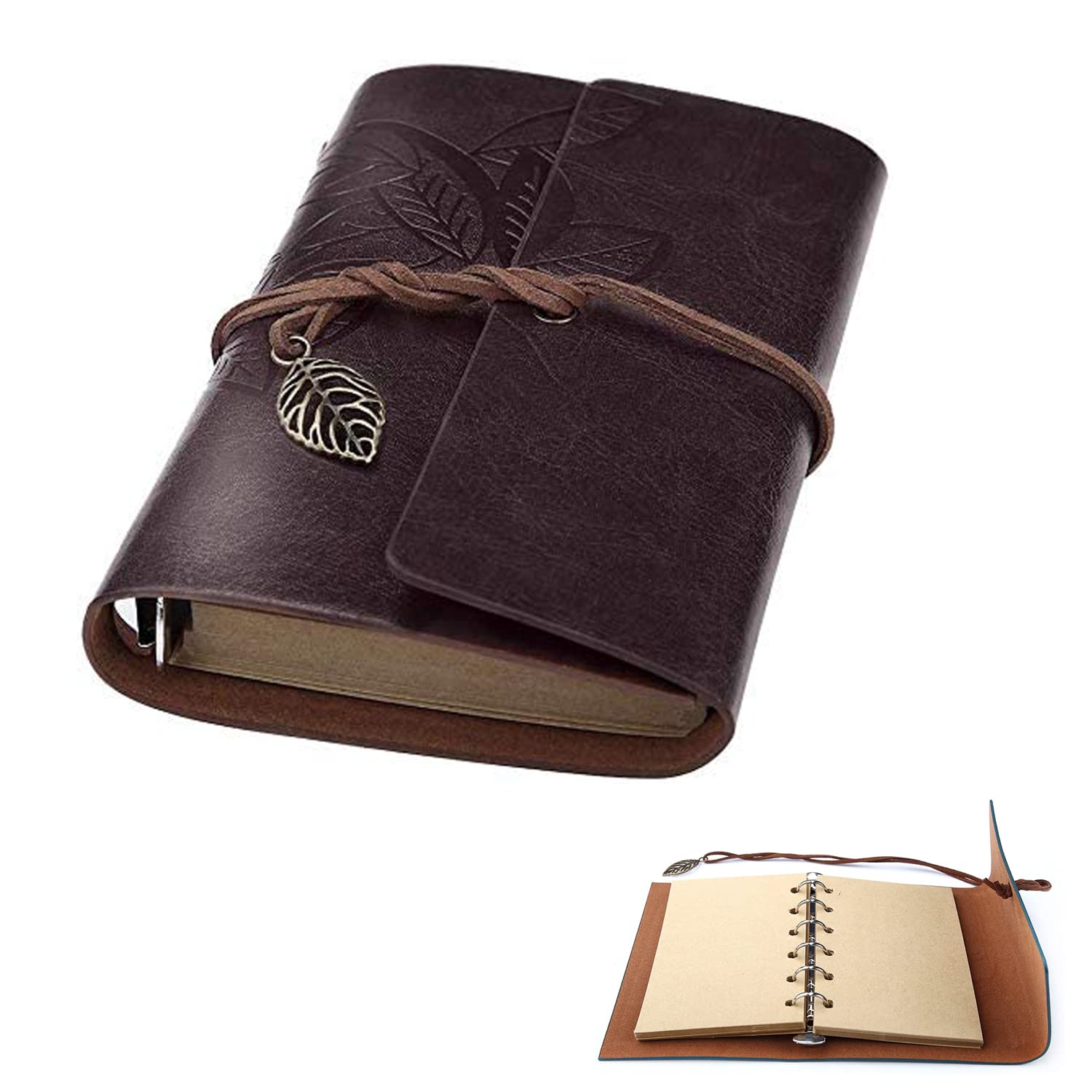 Vintage Leather Notebook, Retro Writing Journal Diary Pu Leather Cover, Leaf Pattern Spiral Blank String Daily Notepad, Art Sketchbook, Retro Pendants, Classic Embossed, Loose Leaf (Coffee-Black)