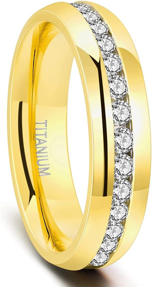 TIGRADE 6mm Gold Titanium Ring Cubic Zirconia Engagement Ring Wedding Band Size 4 to 12.5