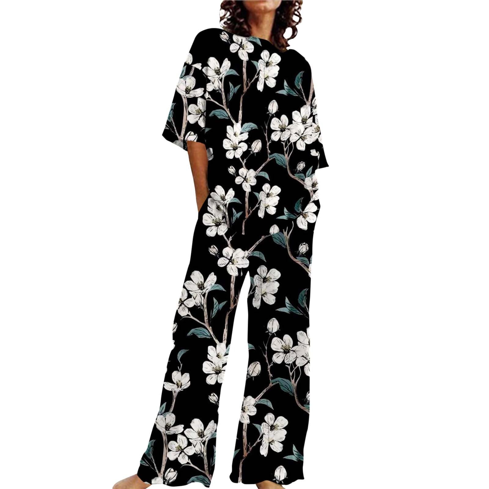 Genérico Camisa De Dormir Mujer Trajes de Verano para Mujer, 2 Conjuntos de Lino de algodón, Camisetas de tamaño, pantalón de Pierna Recta, chándal de Talla Grande Camisola De Dormir