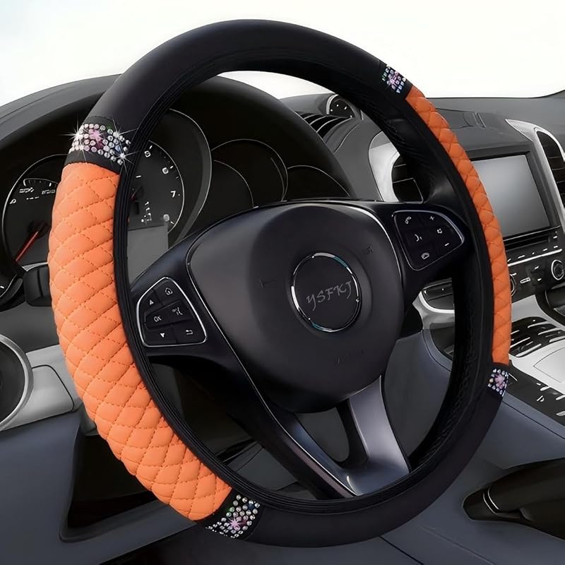 Capa para volante automotivo em couro macio com strass laranja para volantes de 36,8–38,1 cm YSFKJ, 1 unidade