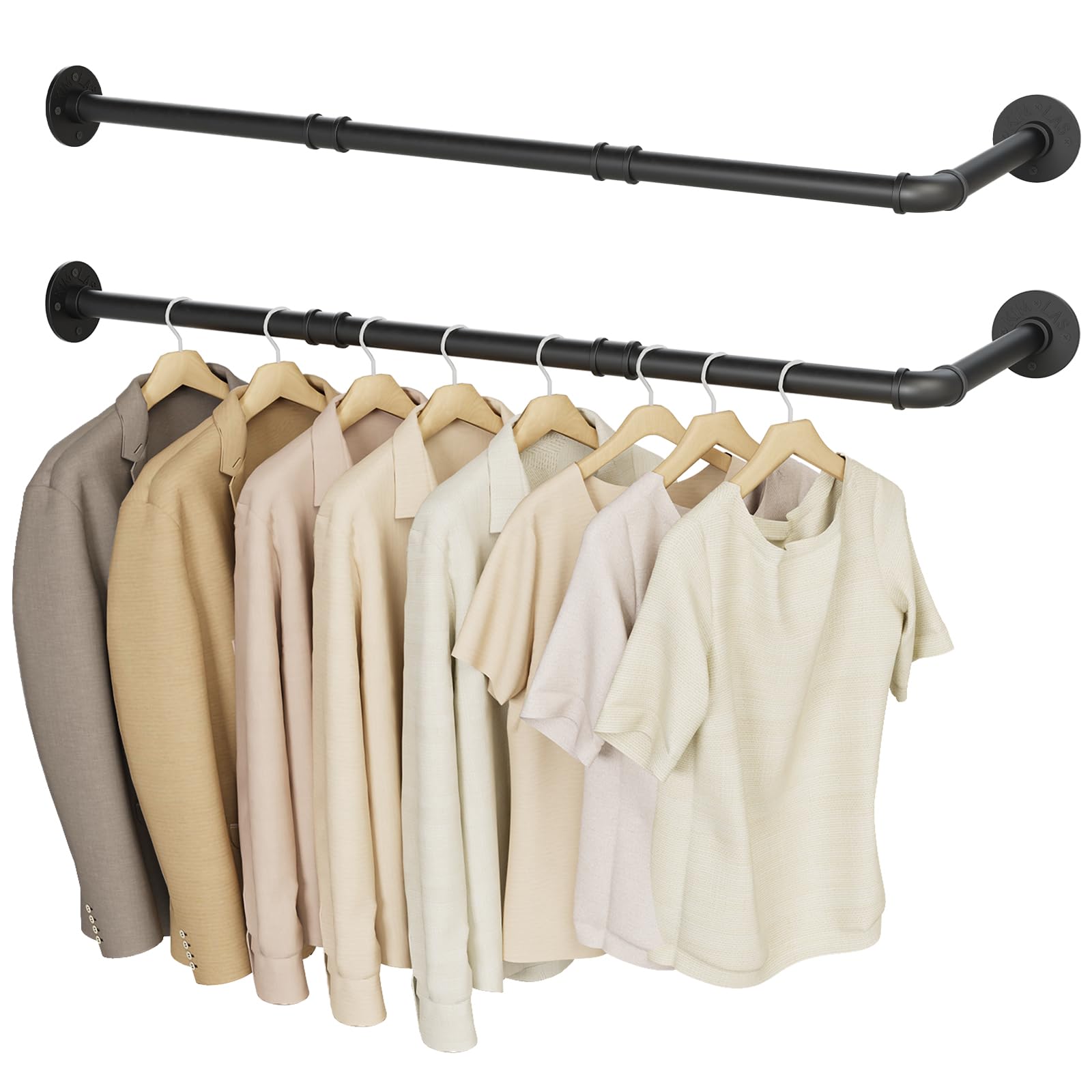 2 Pack Perchero para Pared Tipo L,Barra de Ropa,90×30cm,Negro | Vestidor Abierto,Percheros,Tubo Colgante Desmontable Industriales,Tubos de Hierro Desmontable, Fácil Montaje