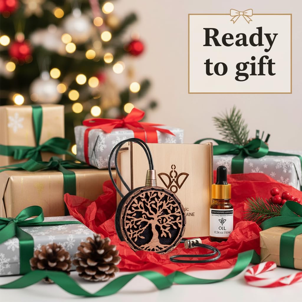 Ambientador de madera para coche, ambientador de coche hecho a mano, difusor de aceite de fragancia diseñado con árbol de la vida en caja de regalo de madera, juego de regalo de