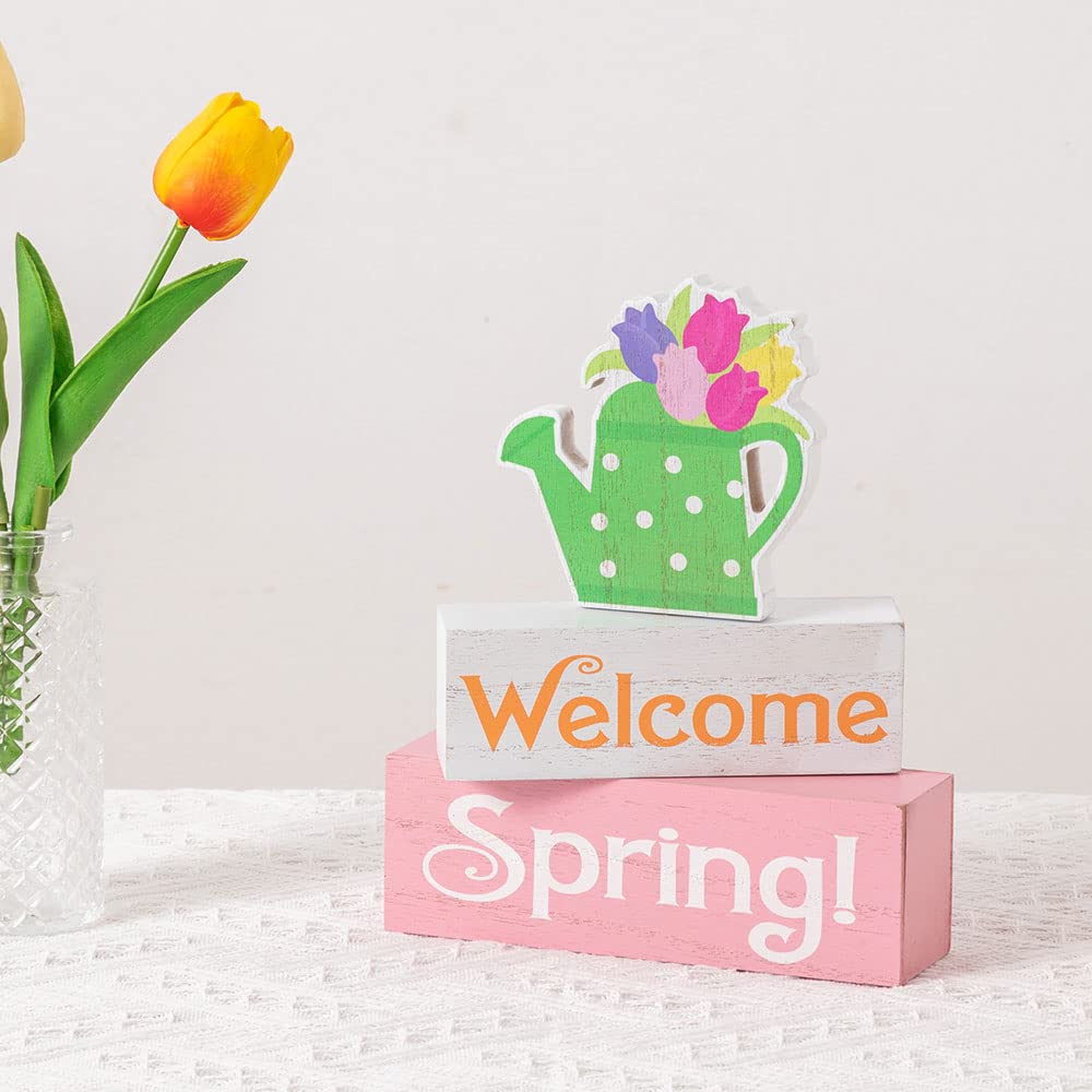 YEAHOME Spring Table Decor, Welcome Spring Wood Signs Spring Decorations for Home, Wooden Blocks Farmhouse Rustic Desk Decor for Easter, Tiered Tray, Shelf, Tabletop Fireplace