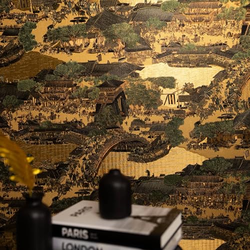 Image of wolpin Non-Woven Wallpaper Non-Adhesive (53 x 950 CM) (Black & Gold) | Golden Village Scenic Textured Wallpaper with Shine | Decorative Wall Covering for Home Interior (54.18 Sq Ft)