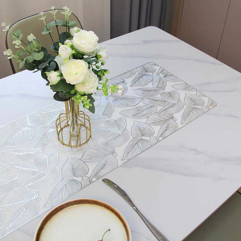 Hosoncovy PVC Table Runner Non-slip Decorative Leaf Table Mats Placemat for Home Party Kitchen Dining Wedding Decor (91CM X 33CM) (Silver) - Image 2
