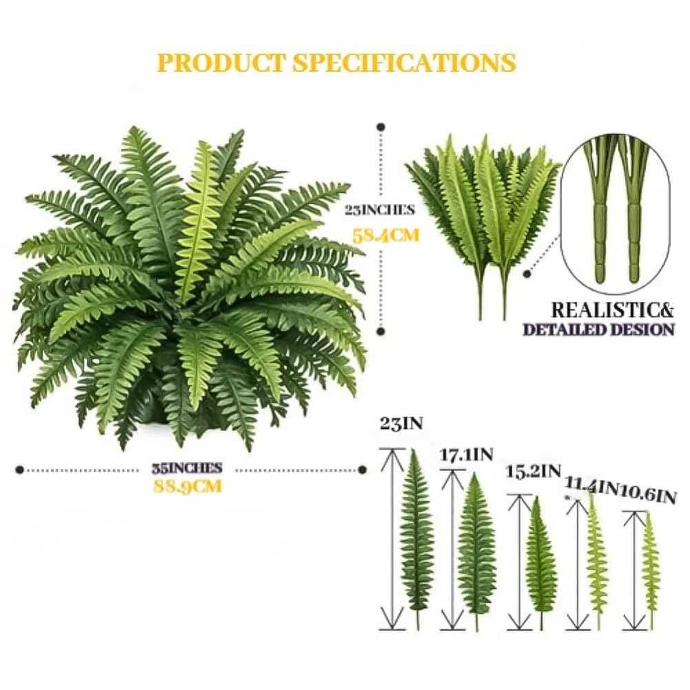 2026 New UV Resistant Lifelike Artificial Boston Fern, Large Fake Ferns, 38/60/88 Leaves Silk Artificial Ferns Maintenance-Free for Outdoor Hanging Baskets, Porch, Garden Décor (60 Leaves)