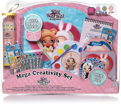 Na Na Na Surprise Mega Set para niños de 5 años en adelante kit creativo de dibujo y coloración con calcomanías, sellos, bloc de tinta, crayones y