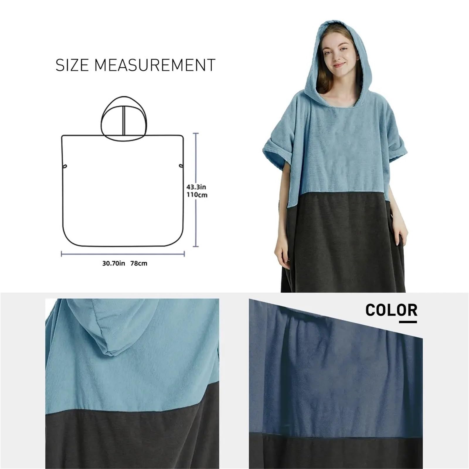Poncho da surf, asciugamano, poncho ad asciugatura rapida, con cappuccio, accappatoio spiaggia, bagno for adulti Poncho da Spiaggia(Light Blue)
