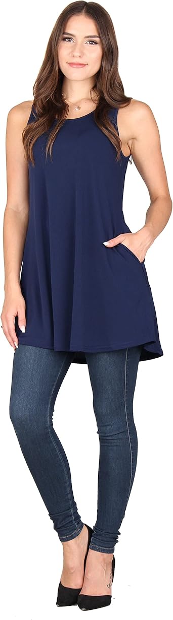 Lildy Womens Solid Sleeveless Pocket Tunic, Loose Casual Stretchable Pullover